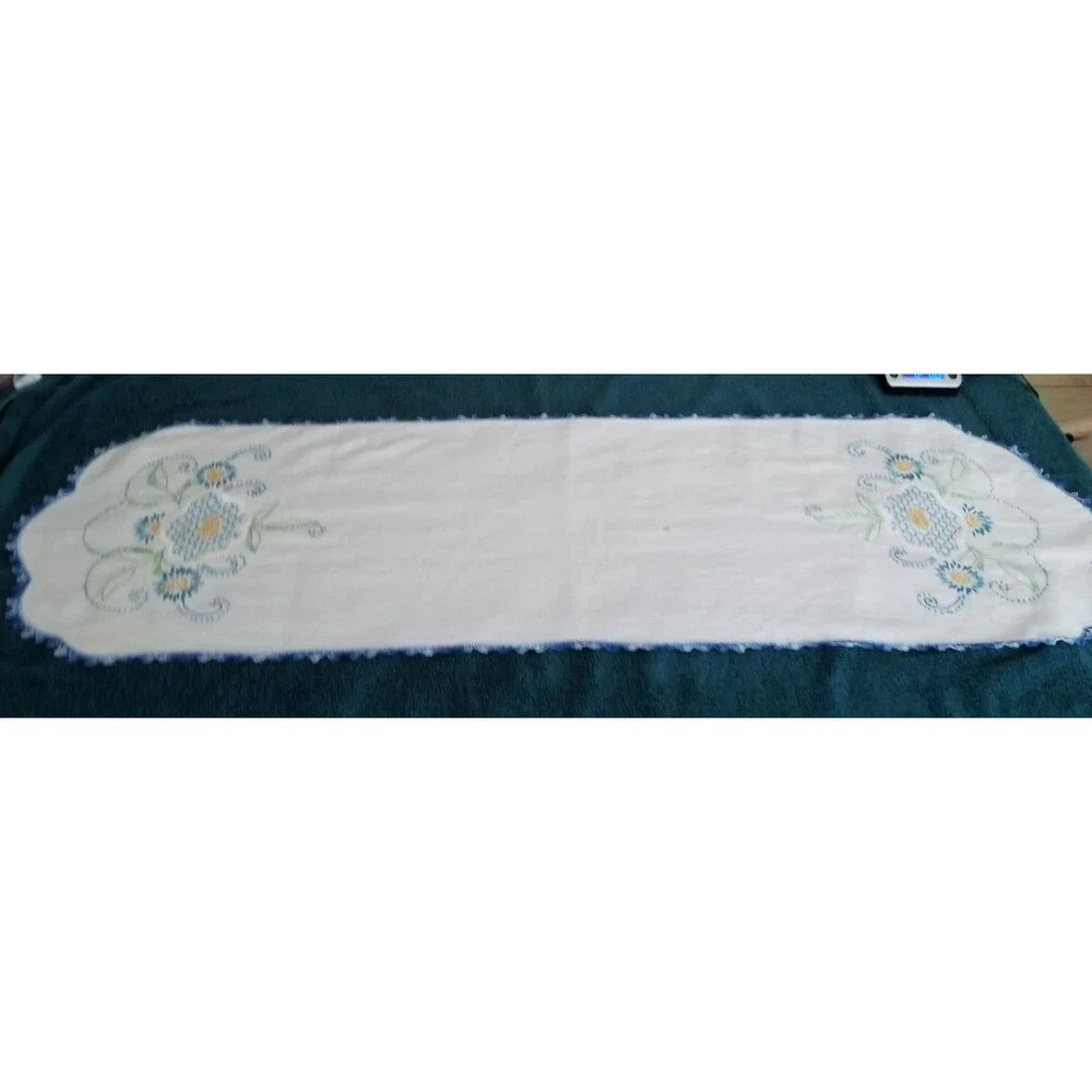 vintage handmade floral needlework table runner with a crocheted border